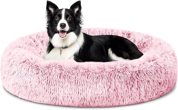 ELSKER&HOME Calming Dog Bed,Donut Washable Warming Soft Round 39 inches Dog Beds for Large Dogs,Anti-Anxiety Fluffy Plush Cushion Bed Fits up to 120 lbs Pets,Pink