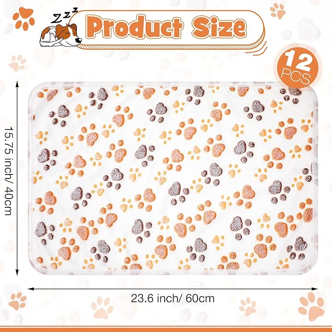 Tegeme 12 Pcs Pet Blankets 23 x 16 Inch Soft Fluffy Fleece Dog Cat Warm Paw Print Pattern Blankets Flannel Throw for Pets Dog Puppy Cat(White)