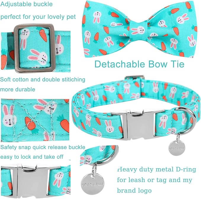 Easter Dog Collar with Bow Tie, Cotton Easter Bowtie Collar for Small Girl Boy Dog, Cute Carrot Pet Collar with Metal Buckle, Easter Gift Rabbit Dog Collar, S