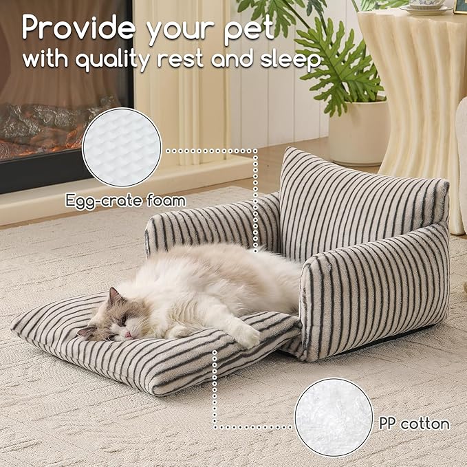 Hollypet Cat Bed Fluffy Plush Multifunctional Double-Layer Machine Washable Soft Warming Kitty Pet Couch Orthopedic Nest Beds for Small Cats Kitten and Dogs up to 13lbs, Gray Stripes(25x20x13in)