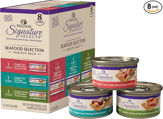 Wellness CORE Signature Selects Variety Pack Adult Canned Wet Cat Food, Natural, Protein Rich, Grain Free, Seafood Recipes, 2.8 oz, Pack of 8 Cans