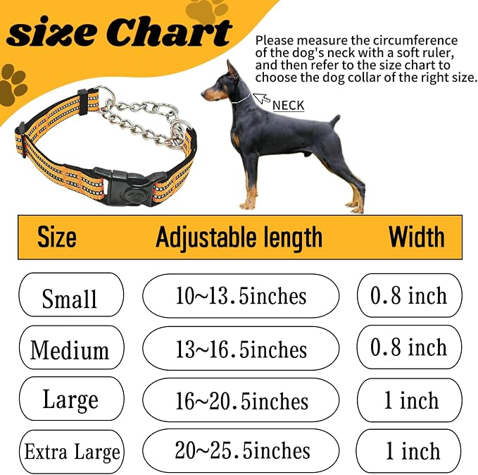 Martingale Dog Collars, Reflective Nylon Collar with Stainless Steel Chain, Adjustable Walking Training Dog Collars with Quick Release Buckle, Suitable for Small Medium Large Dogs(Orange,M)