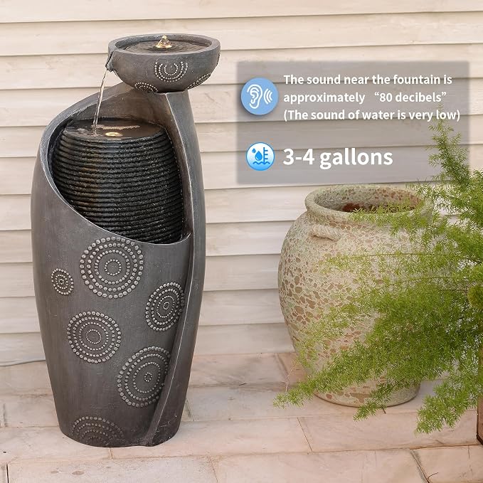 Jar Indoor Water Fountain - Outdoor Decor Garden Vase Waterfall 31.8" Cascading Water Feature with Lights Watefall Fountains for Porch, Patio, Backyard, Deck, Home Gift,Grey