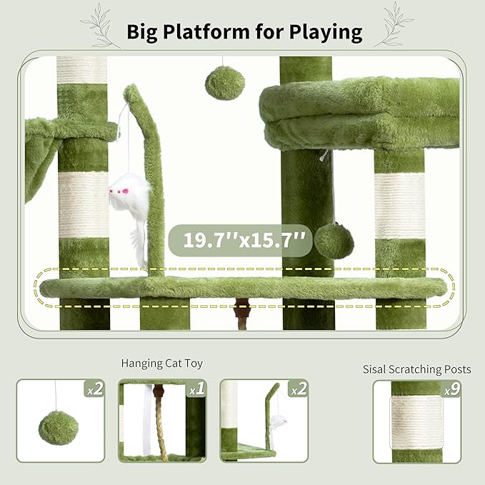 Gitelsnour Cat Tree, Cat Tower for Large Cats with 2 Big Platforms, 2 Baskets, condo and Toys, 63" Cat Scratching Posts for Indoor Cats, Green GCT020GR