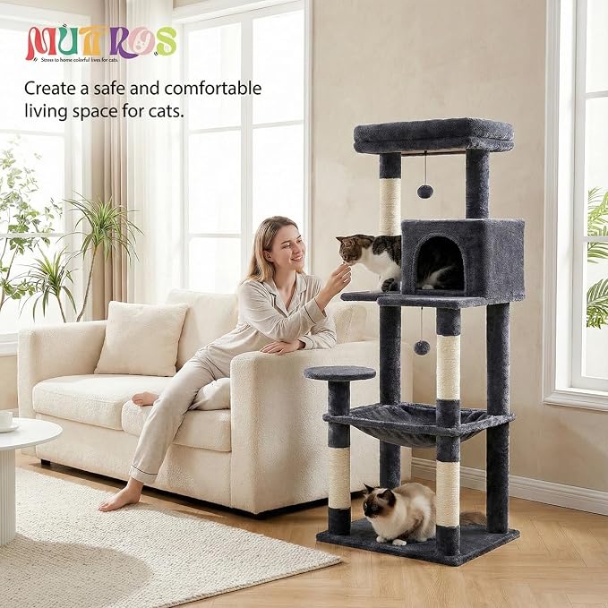 MUTTROS Cat Tree for Large Cats with Metal Plush Big Hammock, 56.3" Cat Tower for Indoor Cats with 2 Door Condo House, 6-Tier Cat Shelves with Scratching Posts and Large Top Perch, Dark Gray