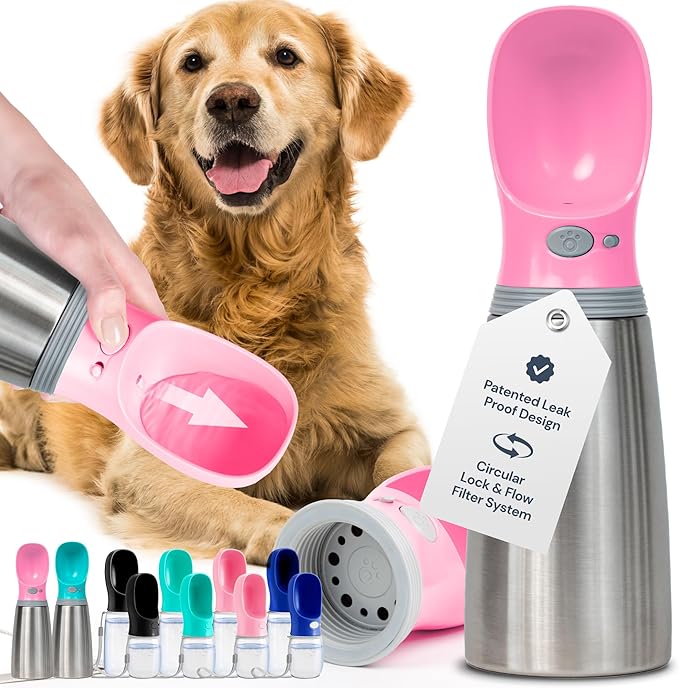 MalsiPree Insulated Dog Water Bottle - 24 Oz, Pink - Leak-Proof Stainless Steel Portable Travel Dispenser & Bowl for Trail Hiking, Park Visit, Camping & Beach Days