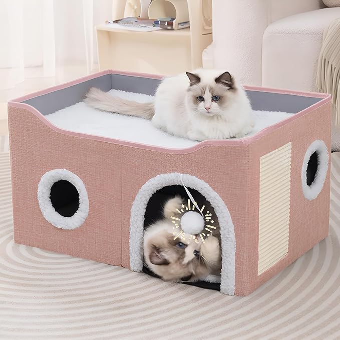 Loyareal Cat Houses for Indoor Cats - Large Cat Bed Cave with Scratch Pad and Fluffy Ball, Foldable Cat Condo Hideaway with Reversible Cushion for Multi Small Pet, Pink