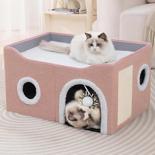Loyareal Cat Houses for Indoor Cats - Large Cat Bed Cave with Scratch Pad and Fluffy Ball, Foldable Cat Condo Hideaway with Reversible Cushion for Multi Small Pet, Pink