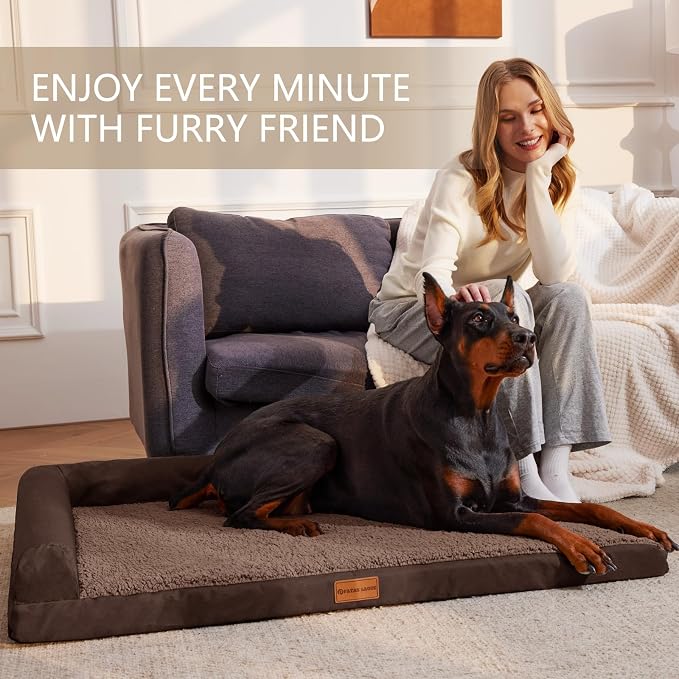 Patas Lague Orthopedic XL Dog Bed Large Sized Dog 42''X28'', Waterproof L Bolster Big Large Pet Sofa Beds with Removable Washable Cover, Soft Pet Couch Crate Mat with Nonskid Bottom, Brown