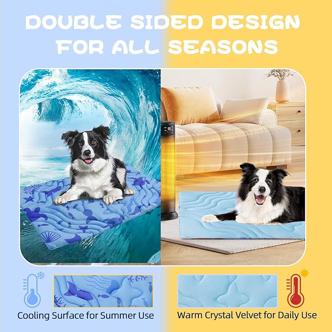 PAWCHIE Summer Dog Cooling Mat, Reversible Self-Cooling Mat for Large Dogs, Washable Pet Ice Cool Pad Blanket, Pet Sleeping Pad for Crate, Bed, Indoor & Outdoor Floor, Car Seats, Blue 48'' x 28''