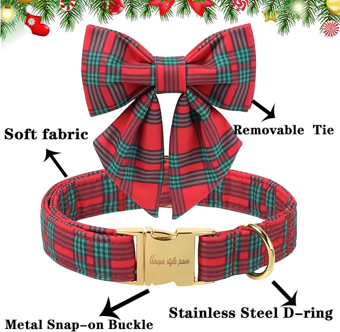 Unique Style Paws Christmas Dog Collar with Bowtie Red Green Plaid Cotton Puppy Collars for Small Medium Large Dogs