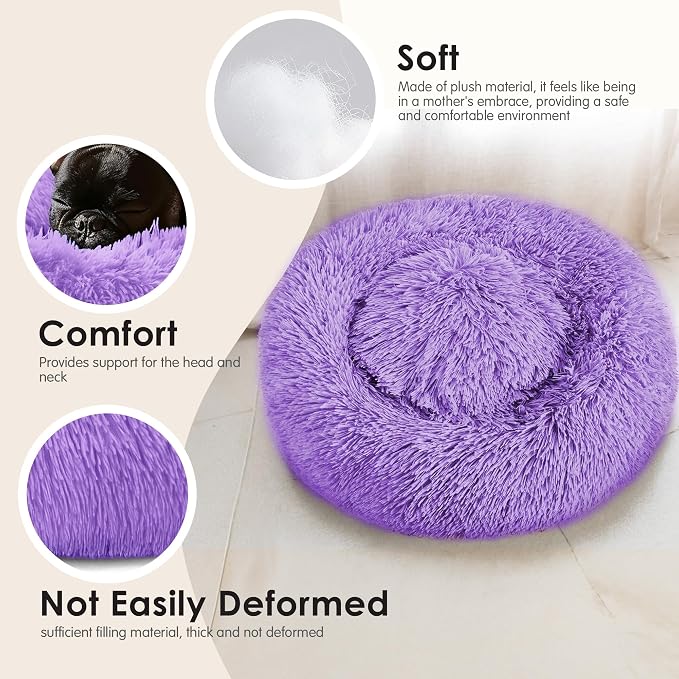 Hoewina Dog & Cat Bed, 20in Cat Beds for Indoor Cats, Calming Donut Bed for Puppy and Kitten, Washable Round Fluffy Pet Bed for Small Medium Dogs and Cats (Purple)