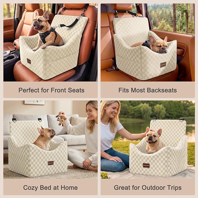 JOEJOY Elevated Dog Car Seat for Small/Medium Dogs up to 35 lbs, Memory Foam Booster Seat with Detachable Washable Cover, Travel-Safe Car Bed with Safety Belts & Storage Pockets, Beige