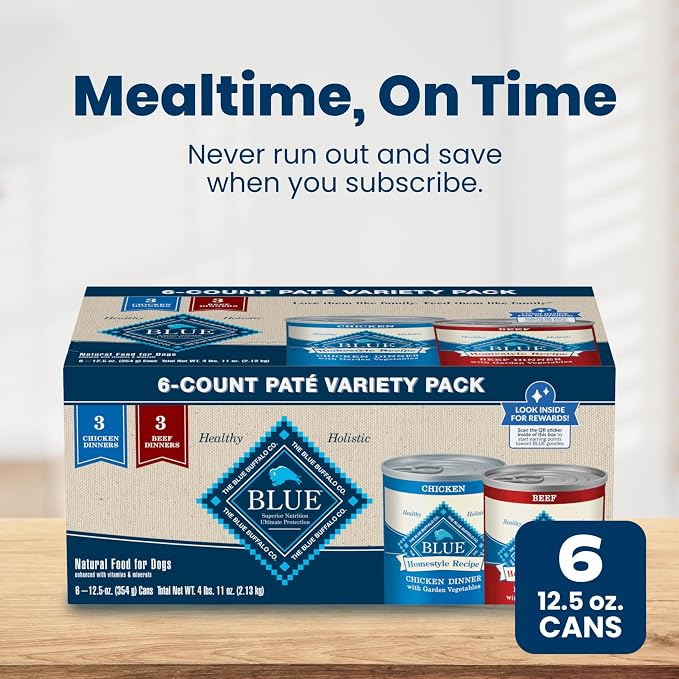 Blue Buffalo Homestyle Recipe Wet Dog Food Paté Variety Pack, Chicken Dinner & Beef Dinner with Garden Vegetables, Made with Natural Ingredients, 12.5-oz. Can (6 Count, 3 of Each)