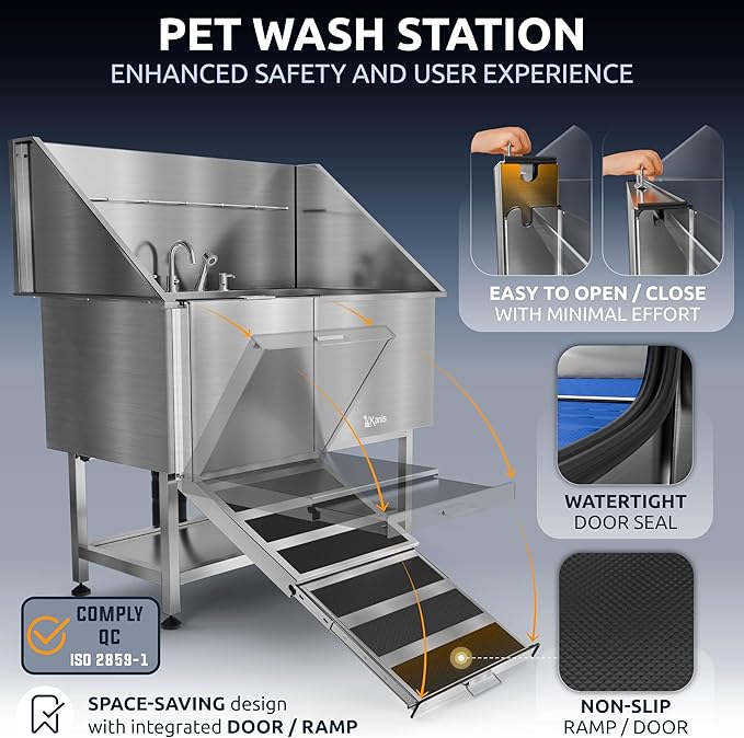 KANIS Professional Dog Washing Station 304 Stainless Steel Pet Wash Sink & Grooming Bathtub w/Shower, Floor Grates and Storage for Large, Medium & Small Pets (Silver, 50 Inches, Left Ramp, Shelf)