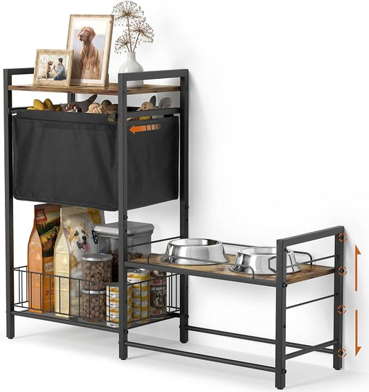 Lomivra Elevated Dog Bowl Stand with Toy Bin Basket, 4 Height Adjustable Raised Feeding Station Cabinet, Lifted Food and Water Bowl Holder, Pet Storage Organizer for Large Medium Small Dogs