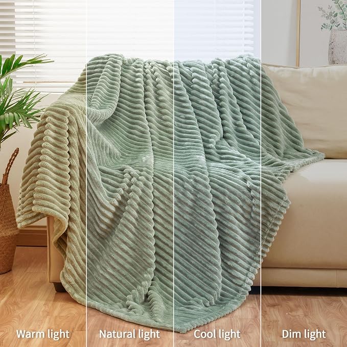 Bnuitland Sage Green Fleece Throw Blanket 90"x108",300GSM Soft Cozy Warm Lightweight Stripe Pattern for Bed Sofa Home Decor,Suitable for Adults Family All Season