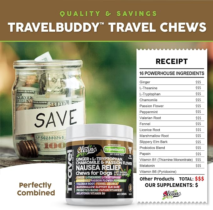 Clean Pets Travel Chews Nausea Relief for Dogs | Ginger L-Tryptophan Chamomile Passion Flower L-Theanine Peppermint Valerian Root Fennel Licorice Root Marshmallow Root Slippery Elm Melatonin Chew