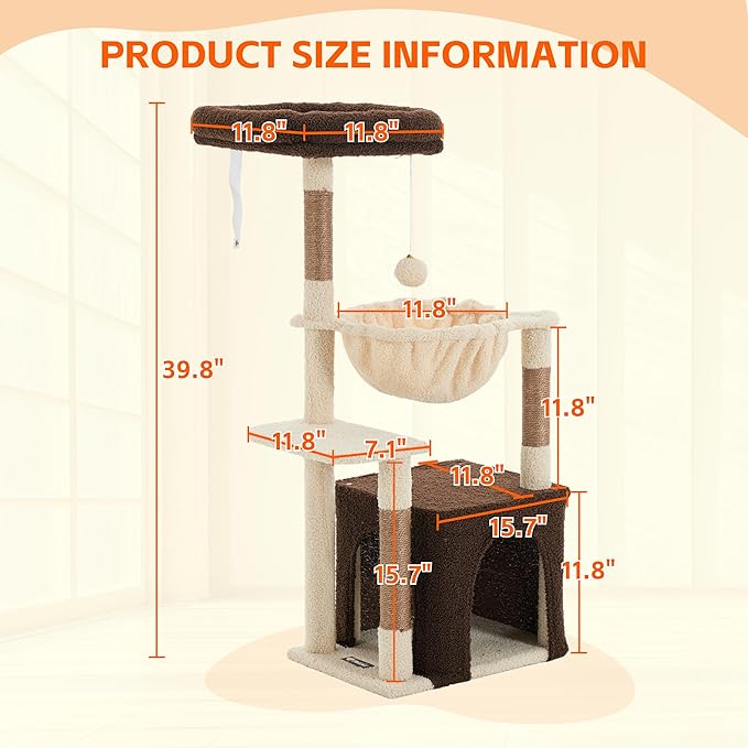 Cat Tree for Indoor Cats, 39.8-inch Cat Tower with 2 Plush Perches for Play & Rest, 1 Cozy Hideaway, Dangling Toy & Full Sisal Scratching Posts for Small Cats, Brown
