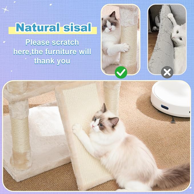 Hey-brother Cat Tree Tower, Scratching Posts with Extra Large Platform and Basket, Specious Condo, 2 Cozy Hammocks, Scratch Board for Indoor Adult Cats, Maine Coon 71.7 inches, Beige MPJ080M