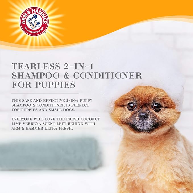 Arm & Hammer Ultra Fresh Tearless Puppy Shampoo and Conditioner 2 in 1 Baking Soda Deodorizer Gentle Pet Wash Odor Control Coconut and Lime Verbena Scent 16 FL OZ Puppies Eight Weeks and Older
