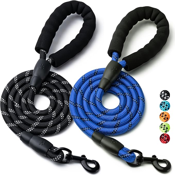 2 Pack Dog Leash, 4/5//6 FT Heavy Duty Nylon Rope Pet Leashes with Comfortable Padded Handle, Reflective Dog Leashes for Small Medium and Large Dogs (4FT-3/8,Black/Dark Blue)