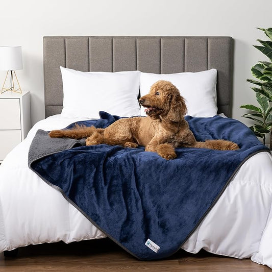 PETAMI Sherpa Fleece Waterproof CAT and Dog Blanket, Navy/Gray, Queen