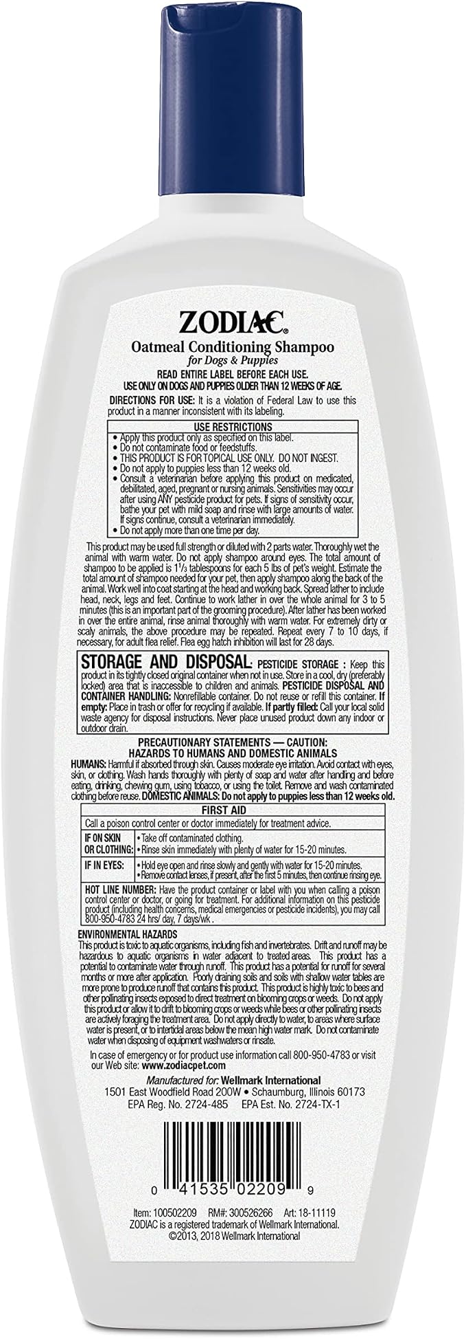 Zodiac Oatmeal Conditioning Shampoo for Dogs & Puppies 18 ounces, Small