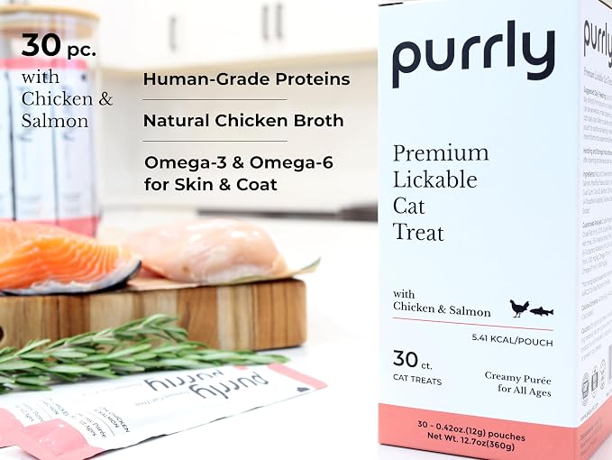 Purrly Hydrating Wet Cat Treat Snack Topper Creamy Purée Human-Grade Chicken Breast & Salmon with Omega-3 & 6 for Skin & Coat (30 Count) Healthy Lickable Squeeze Soft Training Snack Low-Phosphorus