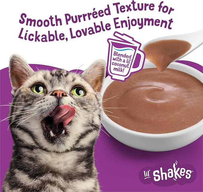 Friskies Purina Pureed Cat Food Topper,Lil’ Shakes with Tantalizing Tuna Lickable Cat Treats - 1.55 oz. Pouches,(Pack of 32)