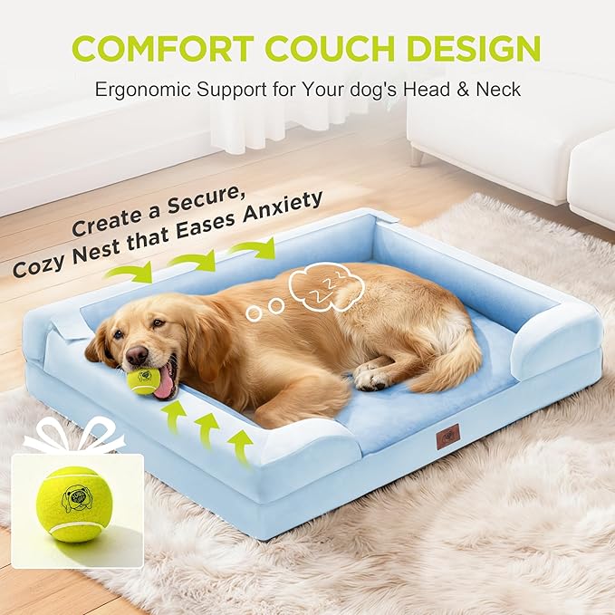 Orthopedic Memory Foam Dog Bed, 42x30, Waterproof for Large Dogs | Removable, washable cover • Waterproof memory foam liner • Bolstered couch design for joint relief • Includes tennis ball toy
