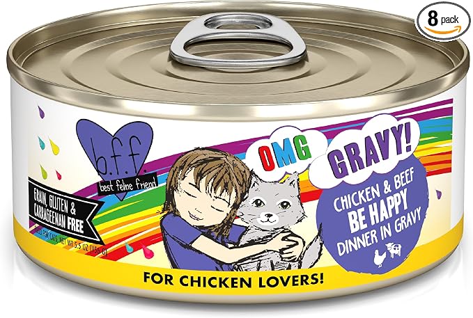 Weruva B.F.F. OMG - Best Feline Friend Oh My Gravy!, Chicken & Beef Be Happy with Chicken & Beef in Gravy, 5.5oz Can (Pack of 8)