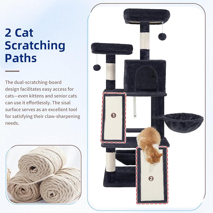 Gitelsnour Multi-Level Cat Tree for Indoor Cats, Cat Tower with 2 Scratching Boards, 2 Plush Padding Platforms, Cat Condo House with Hammock, Basket, Smoky Gray GCT022G
