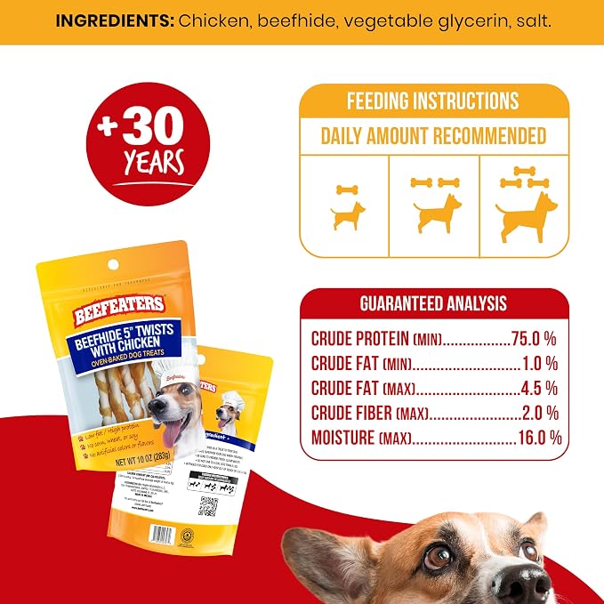 Beefeaters Beefhide 5in Twist Sticks with Real Chicken 10oz - Dog Rawhide Chews for Clean Teeth & Training, High Protein Dog Treat Chews, Chicken Wrapped Rawhide Sticks, No Artificial Colors or Flavor