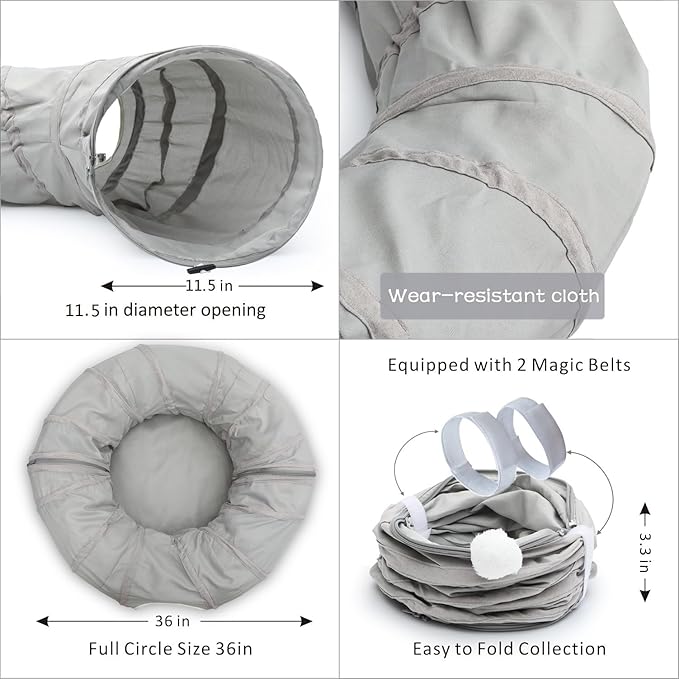 AUOON Cat Tunnel Bed for Indoor Cats - Large Cat Donut Tunnel with Hanging Ball Toy, Collapsible 2-in-1 Multifunctional Interactive Cat Toy for Kitten, Puppy, Rabbit, Ferret (Light Grey)