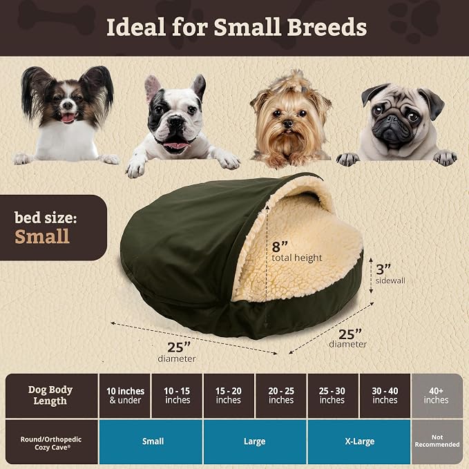Snoozer Cozy Cave Dog Bed - Indoor Dog Bed with Cover Cave, Covered Calming Burrow for Small Sized Pets with Blanket Attached, Enclosed, Removable Washable Cover - Small, Olive