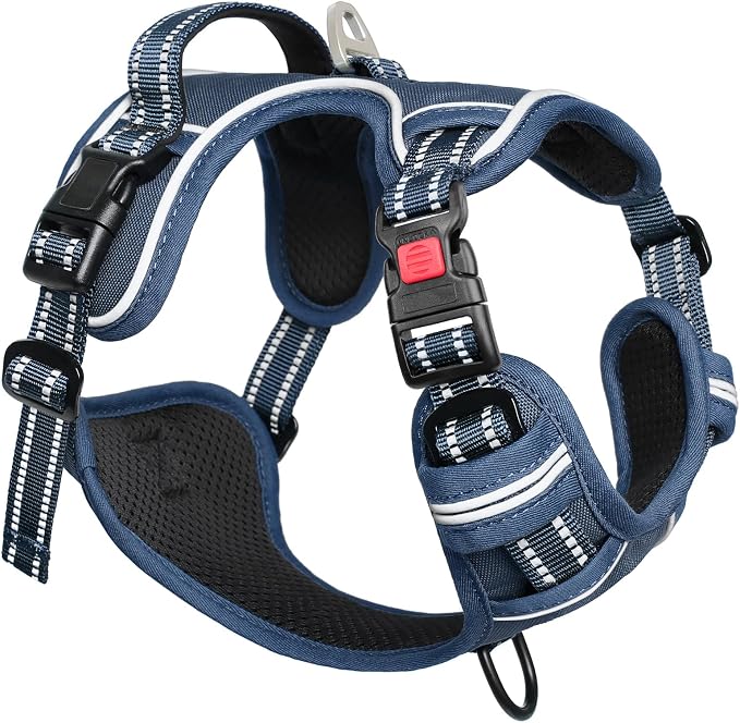 Timos Dog Harness Large Sized, No Pull Pet Harness with Neck Lockable Snap,No Choke Front Clip Dog Reflective Vest,Adjustable Metal Rings 3 Buckles,Easy Control Handle for Large Dogs Royal Blue L
