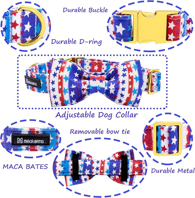 Maca Bates American Flag Dog Collar with Stars Bow Tie for Dogs Bowtie 4 of 7 Blue Red and White Adjustable Durable Patriotic Star Collars USA Independence Day for Small Medium Large Boy Girl Puppy