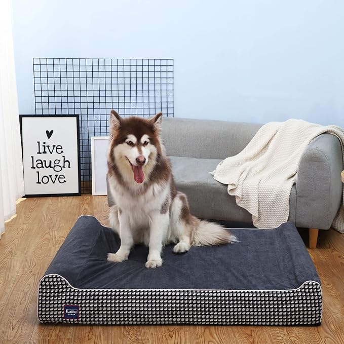 Laifug Orthopedic Dog Beds for Large Dogs,7" Memory Foam Dog Beds,Durable Water Proof Liner Removable and Washable, Nonskid Bottom, Black and White Plaid 50"x36"x7"