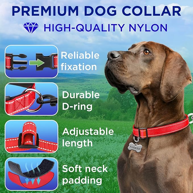 TECEUM Reflective Dog Collar – Red – XS – Extra Soft Padding – Basic Nylon Pet Collar – Quick Release Buckle – Fits Small, Medium and Large Dogs, Puppies, Cats – ESA & Service Dog Options