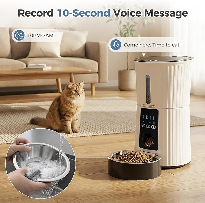 DUMOS 2.4G WiFi Automatic Cat Feeder, 4L Timed Cat Food Dispenser with APP Control, 10s Voice Recorder, Dual Power Supply, Indoor Programmable Pet Feeder with Desiccant for Small Cats and Dogs, White