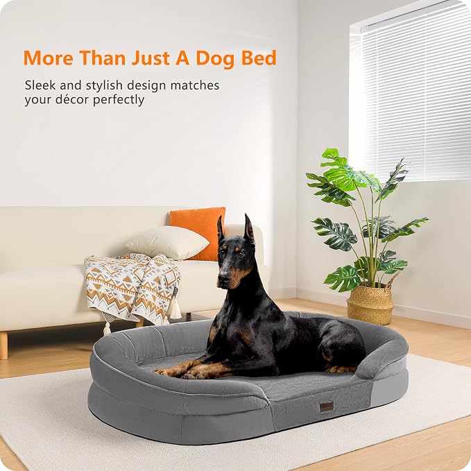 Dwanton Orthopedic Dog Bed for Extra Extra Large Dogs with Gel Memory Foam, Waterproof Dog Sofa, Washable Pet Bed with Four Sided Bolster Cushion, Removable Cover & Non-Slip Bottom, 48", Medium Grey