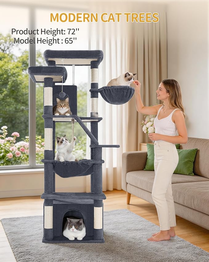 Hzuaneri Large Cat Tree, 72 Inch Tall Indoor Cat Tower for 6 Large Cats, Corner Climbing Activity Pet Condo with 2 Large Platforms/2 Cats House/6 Scratching Post/1 Hanging Basket, Dark Gray MS18318SG