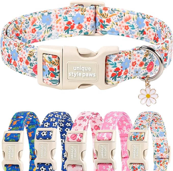 Unique style paws Dog Collar Plastic Buckle with Pendant Puppy Collar for Spring Summer Blue Pink Flower for Small Medium Large Boys Girls Dogs