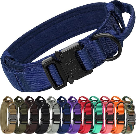 Joytale Tactical Dog Collar with Handle and Metal Buckle, Heavy Duty Padded Military Collar with 2 Patches for Training, Adjustable for Medium Dogs, Navyblue, M