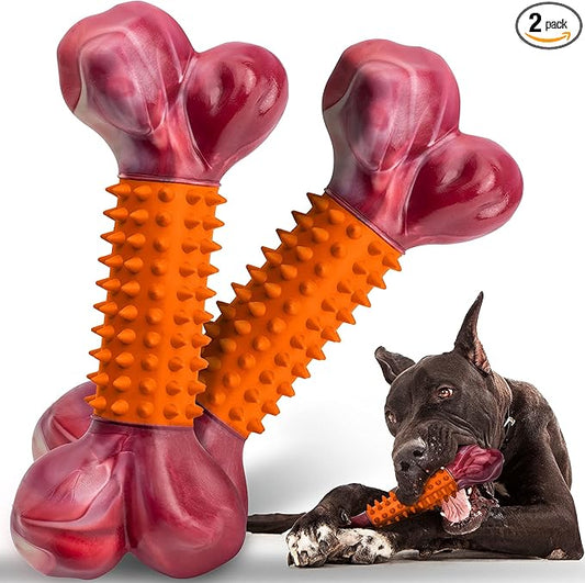 2-Pack Tough Dog Toys for Aggressive Chewers: Peanut Butter Flavored Long Lasting Dog Bones, Heavy Duty Nylon & Rubber Dog Chew Toys to Keep Them Busy, Medium & Large Breed, Orange