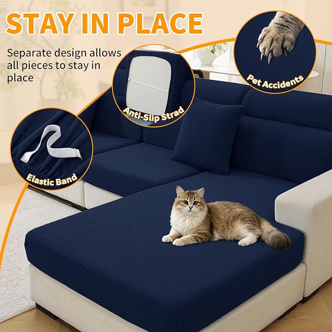 XINEAGE Chaise Cover for L Shaped Sofa,Sectional Couch Covers for Pets,Non Slip Sofa Seat Cover Washable,Sofa Slipcovers with Elastic Bottom(1 Piece Chaise Cover,Navy Blue)