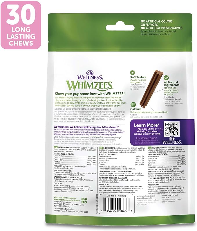Wellness WHIMZEES Puppy Natural Dog Dental Treat, Chews, Freshens Breath, Extra-Small/Small Size, 7.9 oz Bag, 30 Count