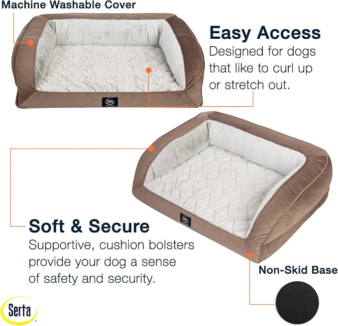 Serta Orthopedic Quilted Couch Dog Bed for Pets – Chocolate Brown (X-Large)