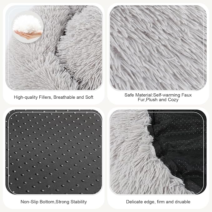 Dog Bed, Cat Calming Bed, Faux Fur Pillow Pet Donut Cuddler Round Plush Bed for Large Medium Small Dogs and Cats (Light Grey, 49.0" L x 38.0" W x 7.0" Th)